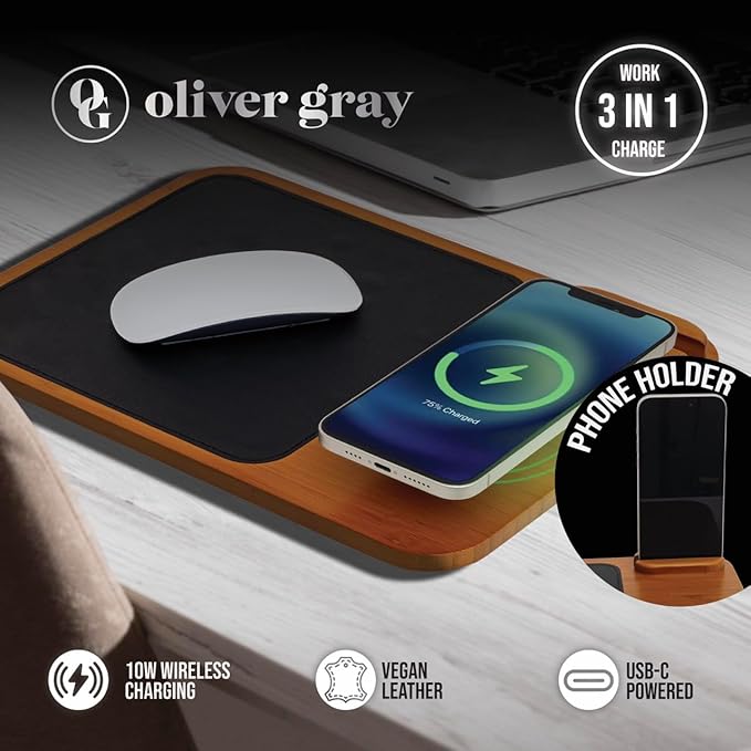 Oliver Gray Wireless Charger &amp Mouse Pad 3-in-1 Charging Mat + Phone Holder Wooden Finish Vegan Leather