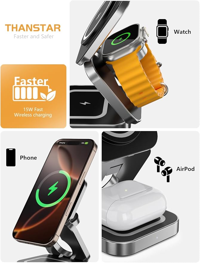 Thanstar 3 in 1 Foldable Wireless Charging Station with magsafe Charger Compatible with Apple Watch &amp Apple Devices Compact Charging Station for efficient Space-Saving Apple Watch Charger