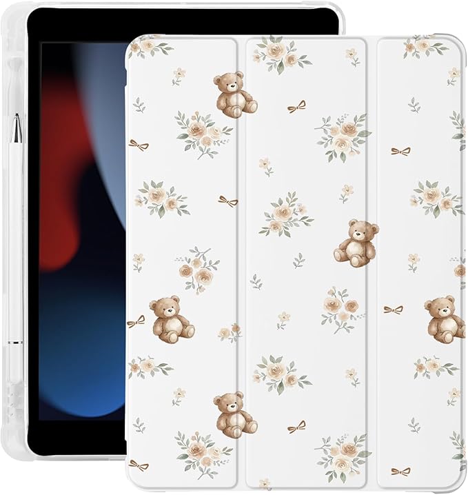 Cute Kawaii Bear Flower for iPad 7th/8th/9th Generation Case with Pencil Holder Auto Sleep/Wake White Leather Soft TPU Back Cover for iPad 10.2 Inch 2019/2020/2021