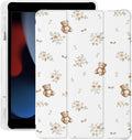 Cute Kawaii Bear Flower for iPad 7th/8th/9th Generation Case with Pencil Holder Auto Sleep/Wake White Leather Soft TPU Back Cover for iPad 10.2 Inch 2019/2020/2021