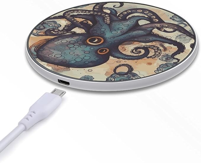 Retro Octopus Wireless Charger Fast Wireless Charging Pad with USB Cable 10W Anti-Slip Magnetic Wireless Charger Portable Slim Charger Puck Travel Charging Station