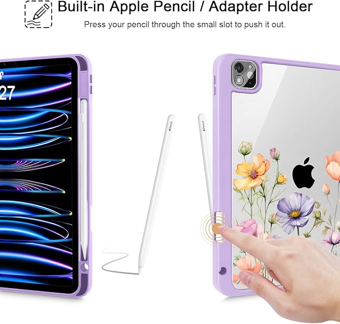 May Chen for iPad Pro 11 inch M2 4th Generation 2022 iPad Pro 11 3rd/2nd/1st Gen Case with Transparent Shockproof Back Cover [Built-in Pencil Holder Auto Sleep/Wake Purple Wild Flowers