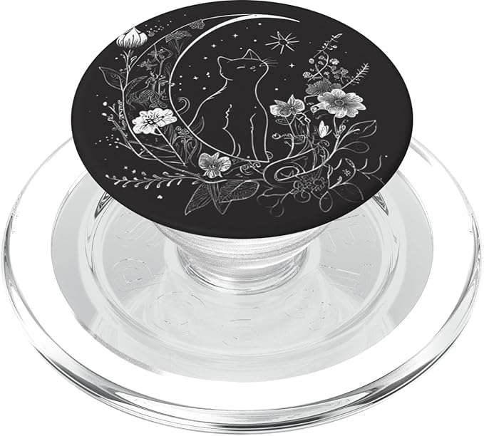 Cat Sitting On Crescent Moon Flowers Stars Drawing PopSockets PopGrip for MagSafe