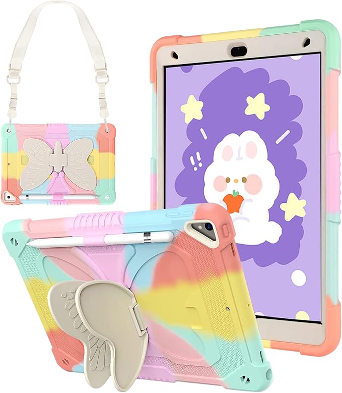 for iPad 9th/8th/7th Generation 10.2 inch Butterfly Case Cute iPad Air 3 10.5 Kawaii Girly Soft Silicone Protective Cover for Kids Girls Women w/Stand Shoulder Strap Pencil Holder Colorful