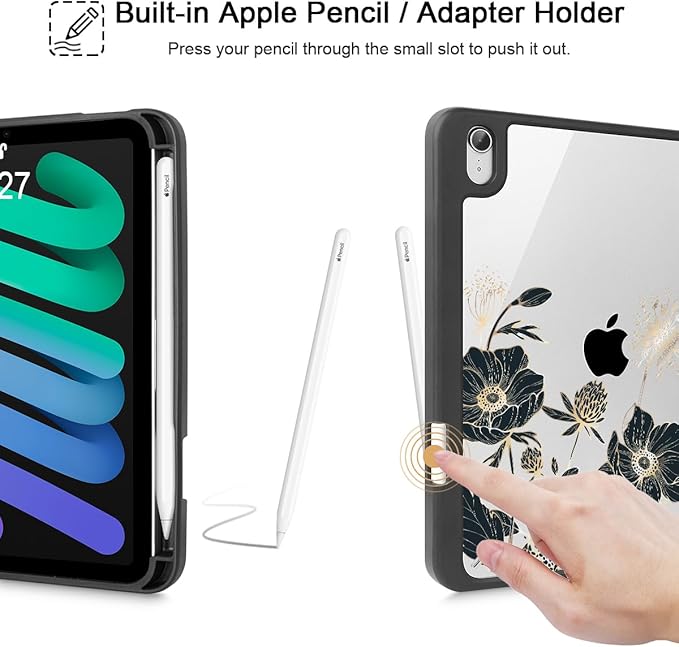 May Chen Slim Case for iPad mini 7 (A17 Pro 7th Generation) 2024 / iPad mini 6 (6th Gen) 8.3 Inch [Built-in Pencil Holder] Shockproof Cover Clear Clear Back Shell Auto Wake/Sleep Abstract Floral