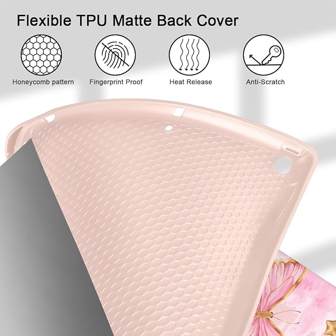 Tuiklol Case for iPad 10.2 Inch 2021 2020 2018 Release 9th / 8th / 7th Generation Built-in Pencil Holder TPU Protective Stand Back Cover Trifold Stand-Auto Wake/Sleep Butterfly Pink