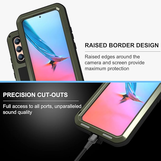 LOVE MEI Military Rugged Case for Samsung Galaxy S22 with Tempered Glass Screen Protector Shockproof Dustproof Scratch Proof Hybrid Metal and Silicone Gel Heavy Duty Full Body Cover Green