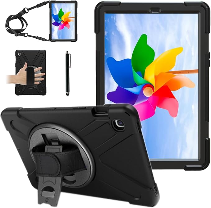 Case for Samsung Galaxy Tab A 10.1 2019 (SM-T510/T515/T517)Portable Heavy Duty Dropproof Protective Cover Case with 360 Rotating StandHandle &amp Shoulder StrapStylus Pen (New Black)