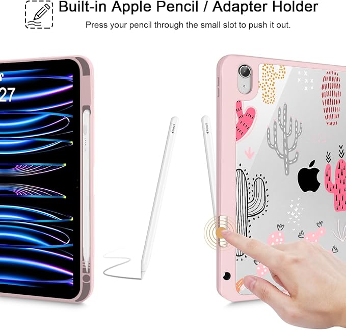 Tuiklol Case for iPad 11 inch (A16 Chip) 2025 Generation 11th / iPad 10.9 inch 2022 10th Gen Buit in Pencil Holder with Shockproof Cover Clear Transparent Back Shell Auto Wake/Sleep Cactus
