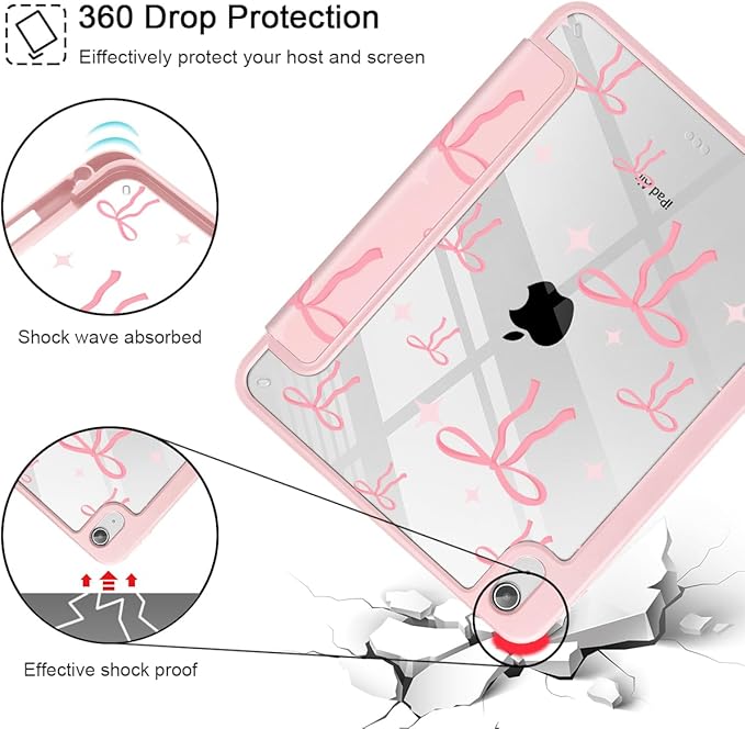 May Chen for iPad Air 11-inch M4/M3/M2 (2026/2025/2024) iPad Air 5th/4th 10.9 Inch - Shockproof Cover with Clear Back Shell &amp Penceil Holder Auto Wake/Sleep Stand Cover Pink Bows P721