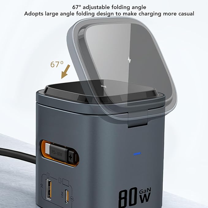 ZJchao Wireless Charging Station GaN 80W 6 in 1 PD Fast Charging Wireless Charging Cube with Retractable Cord for Travel Office Home ABS PC Fireproof Material (US Plug)