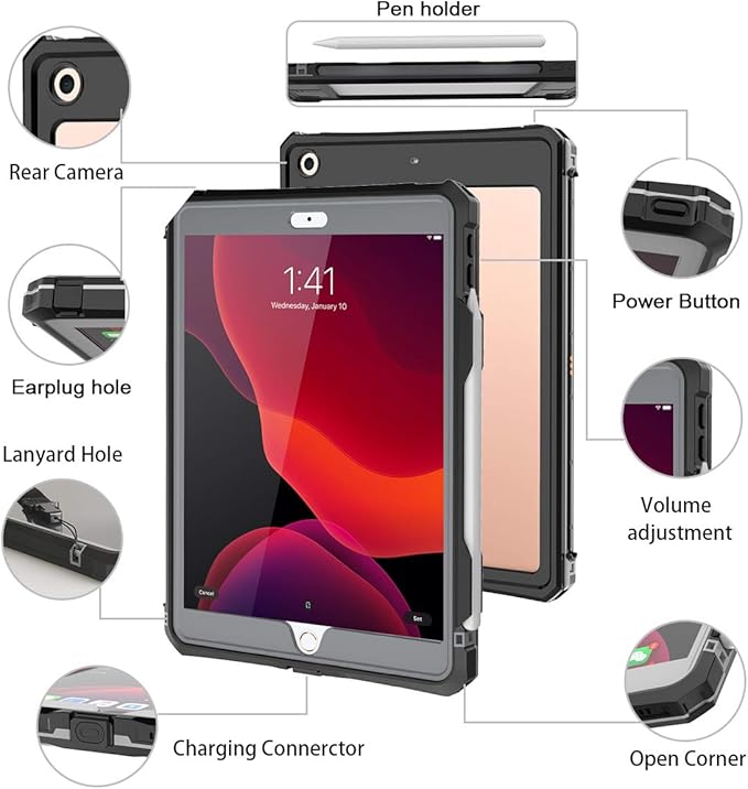 iPad Case Waterproof Full Body Cover for iPad 10.2 inch 2021 (Black) Compatible with 7th/8th/9th Gen Protective with Pencil Holder Anti-Scratch Shockproof IP68