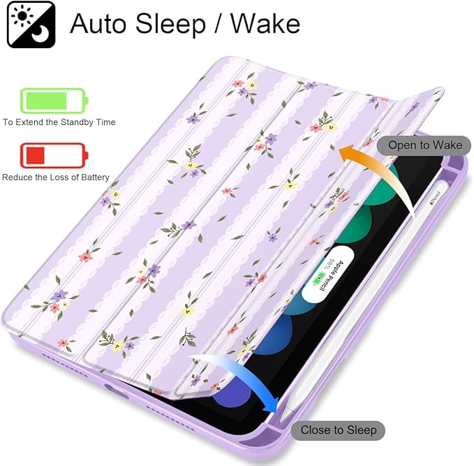 Mektron Printed Case for iPad mini 7 (A17 Pro) 2024/ Mini 6 2021 iPad mini 7th/6th Gen 8.3-inch Liquid Retina Display Cover Buit in Pencil Holder with Clear Back Shell Flowers &amp Adorable Lace