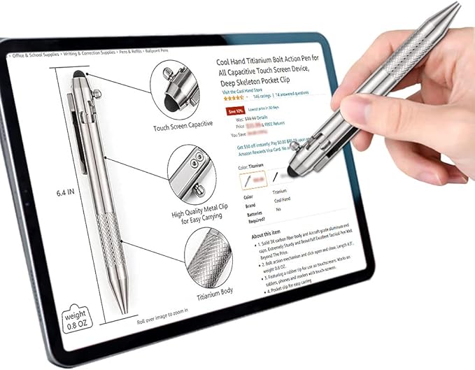 Cool Hand 4.9'' Titanium Bolt Action Pen Stylus for Touch Screen Ballpoint Ink Refillable Compact Size Skelton Out Deep Pocket Clip for Easy Carring