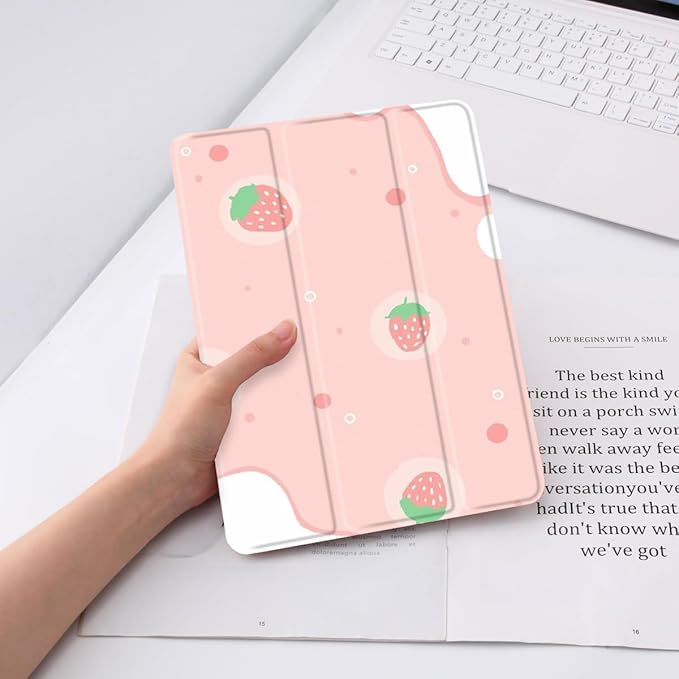 JOYLAND Pink Strawberry Case for 10.9 Inch iPad Air 4 2020/iPad Air 5 2022 with Pencil Holder Cute Foldable Smart Stand Back Cover Auto Wake/Sleep Shockproof Protective for iCase