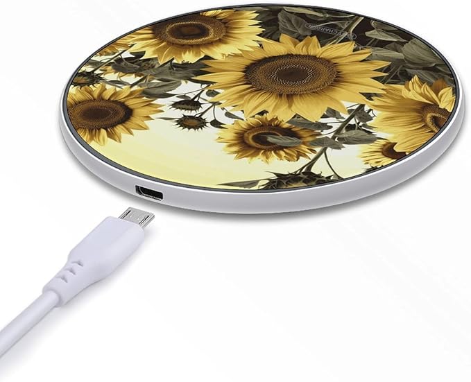 Yellow Sunflower Floral Wireless Charger Fast Wireless Charging Pad with USB Cable 10W Anti-Slip Magnetic Wireless Charger Portable Slim Charger Puck Travel Charging Station