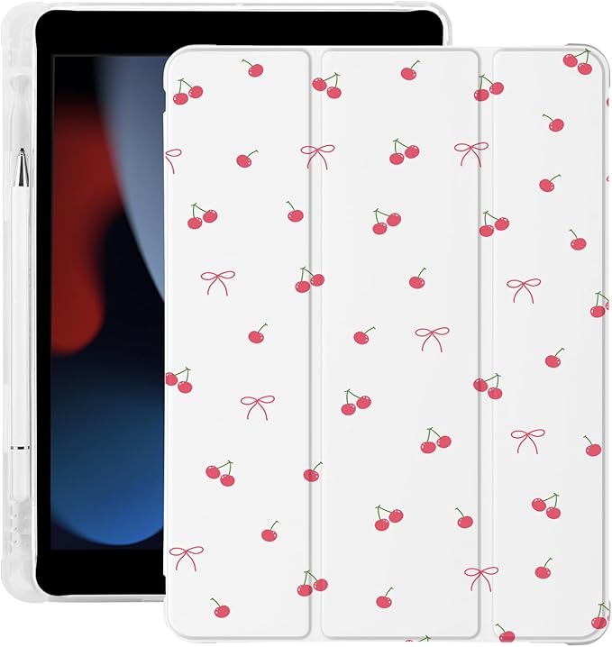 Cute Kawaii Cherry Bow for iPad Air 3 Case with Pencil Holder Auto Sleep/Wake Leather Soft TPU Back Cover for iPad Pro 10.5 Inch 2017
