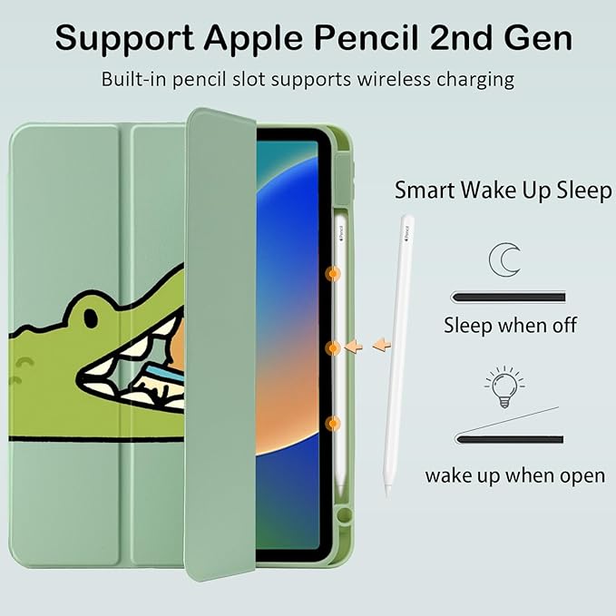Cute Kawaii Capybara Crocodile for iPad Air 11 Inch Case 7th/6th Generation (M3/M2) 2025/2024 with Pencil Holder Auto Sleep/Wake Green Leather Clear Acrylic Back Cover