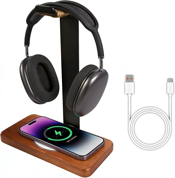 Handmade Wood Headset Stand with Fast Wireless Charging Pad- QI Wireless Charging Dock Compatible with iPhone 17/16/15/14 /Samsung Series2-in-1 Universal Holder for All Table Headphones