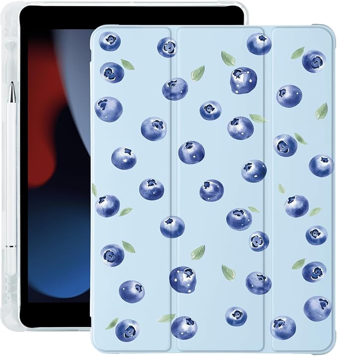 Cute Blueberry for iPad Air 11 Inch Case 7th/6th Generation (M3/M2) 2025/2024 with Pencil Holder Auto Sleep/Wake Blue Leather Soft TPU Back Cover