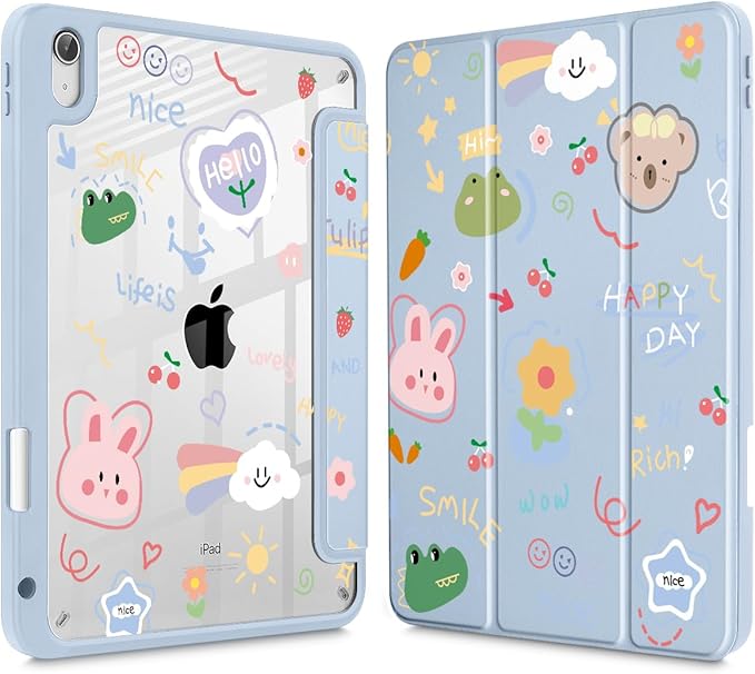 May Chen for iPad Air 11-inch M4/M3/M2 (2026/2025/2024) iPad Air 5th/4th 10.9 Inch - Shockproof Cover with Clear Back Shell &amp Penceil Holder Auto Wake/Sleep Stand Cover Cartoon Stick Figure