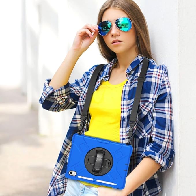 Case for iPad (A16) 11th/10th Generation Case: Protective Cover for iPad 11th Gen 11 Inch 2025 &amp10th Gen 10.9 2022 with Screen Protector- Stand- Shoulder Strap- Handle- Pencil Holder-Black+Blue