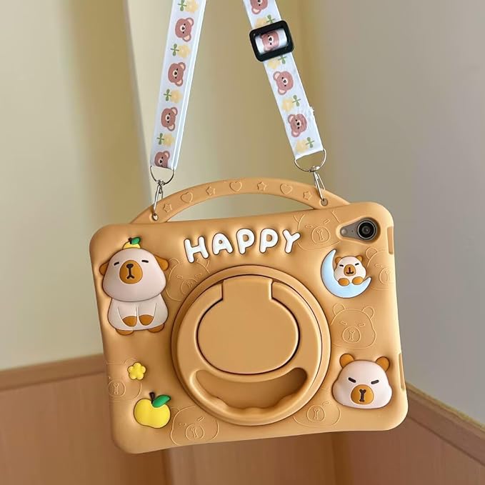 3D Cute Press Capybara Case for iPad 10th Generation (2022) 10.9 inch/iPad (A16) 11th 2025 11”Kawaii Cartoon Character Capybara Soft Silicone Rotating Stand Case with Lanyard for Kids Girls Women