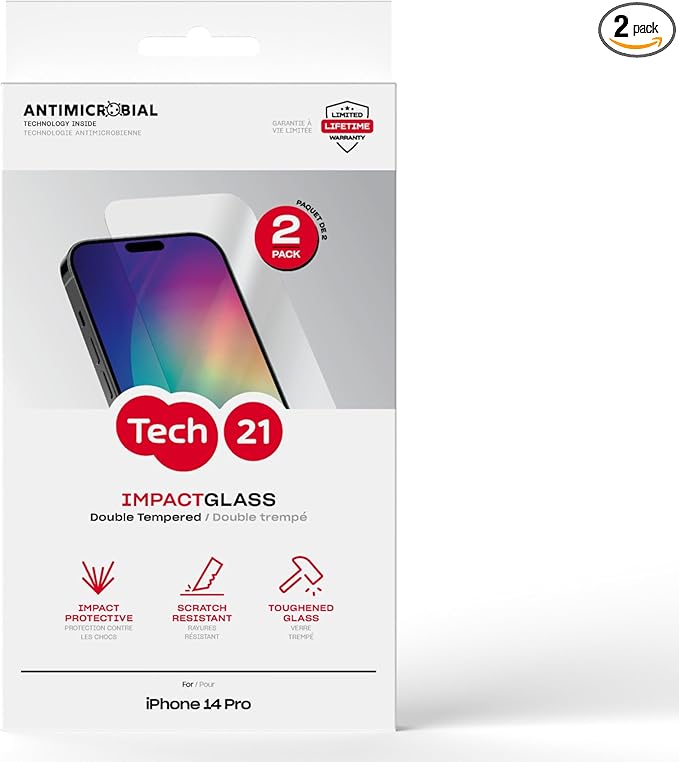 Tech21 Impact Glass Screen Protector for iPhone 14 Pro - Pack of 2