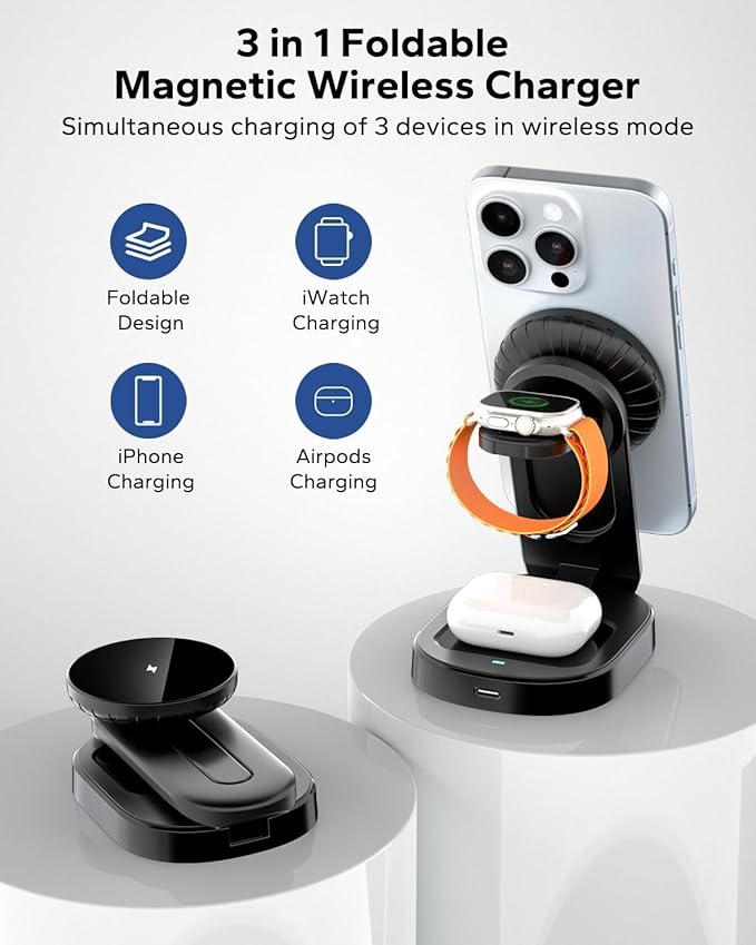 KPON 3 in 1 Magsafe Charging Station for Nightstand Wireless Fordable Charger Stand for iPhone 16 15 14 13 12 Pro Max Travel Magnetic Charging Stand for Apple Watch/Airpods