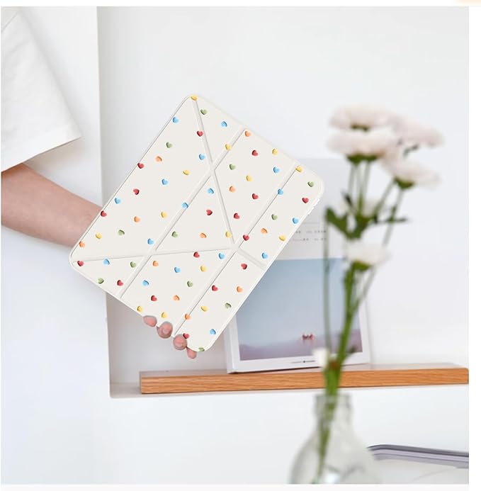 Cute Colorful Love Heart for iPad Pro 11 Inch Case (M5/M4) 2025/2024 with Pencil Holder Auto Sleep/Wake White Leather Acrylic Back Detachable Cover
