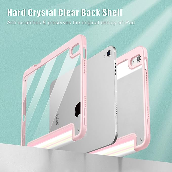 Mektron Printed Case for iPad mini 7 (A17 Pro) 2024/ Mini 6 2021 iPad mini 7th/6th Generation 8.3-inch Liquid Retina Display Cover Buit in Pencil Holder with Clear Back Shell Pink Striped