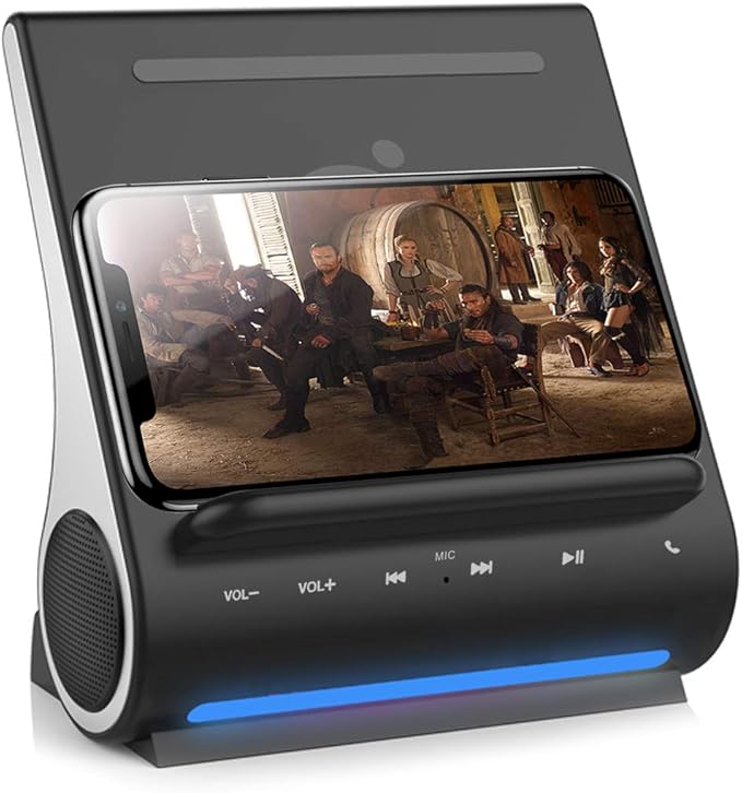 DockAll D108 Wireless Charging Dock Bluetooth Speakers by Azpen. Qi-Certified Wireless Charger for iPhone 15/14/13/12/11/X/8 and Samsung Galaxy S23/S22/S21/S20/S21/S10/S9 - Black
