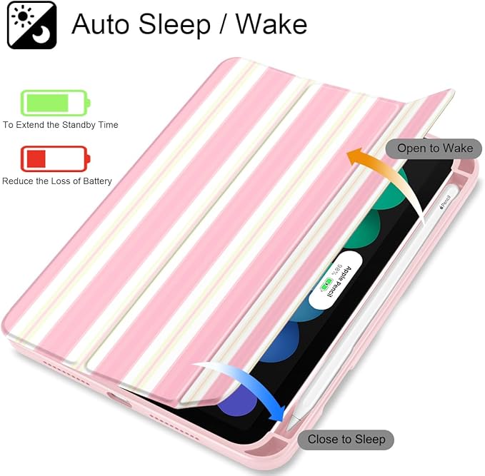 Mektron Printed Case for iPad mini 7 (A17 Pro) 2024/ Mini 6 2021 iPad mini 7th/6th Generation 8.3-inch Liquid Retina Display Cover Buit in Pencil Holder with Clear Back Shell Pink Striped