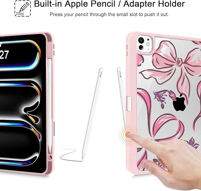 Mektron Case for M5/ M4 iPad Pro 11 inch 2025/2024 with Pencil Holder Compatible Models: A3357/A3358/A3359/A2836/A2837/A3006 Shockproof Cover Clear Shell Flowers-Bows-Pink