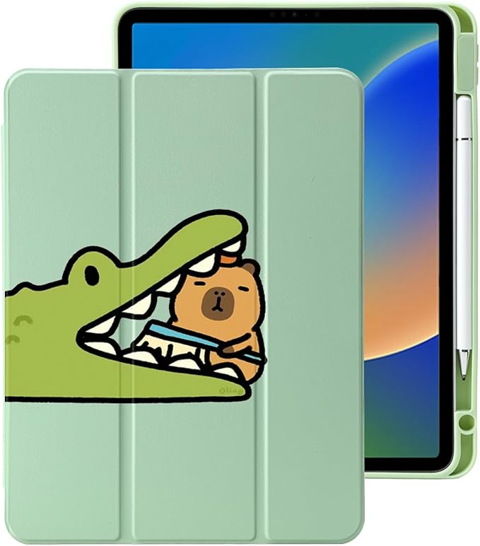 Cute Kawaii Capybara Crocodile for iPad Air 11 Inch Case 7th/6th Generation (M3/M2) 2025/2024 with Pencil Holder Auto Sleep/Wake Green Leather Clear Acrylic Back Cover