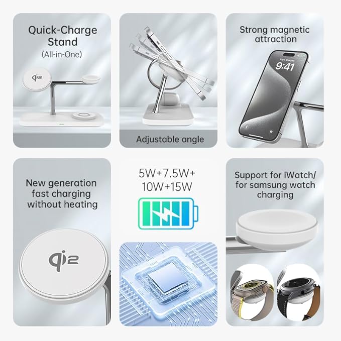 B0D8VYKY3B：Wireless Charging Station3 in 1 Charging StationWireless Charger Stand for iPhone 16/15/14/13 SeriesWatch Airpods Magnetic Wireless Charger StandAdjustable Angle Travel Charger (WHITE)