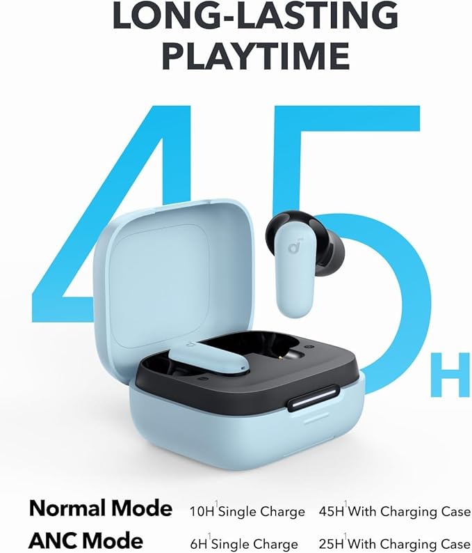 Soundcore P30i by Anker Noise Cancelling Earbuds Strong and Smart Noise Cancelling Powerful Bass 45H Playtime 2-in-1 Case and Phone Stand IP54 Wireless Earbuds Bluetooth 5.4 (Blue)