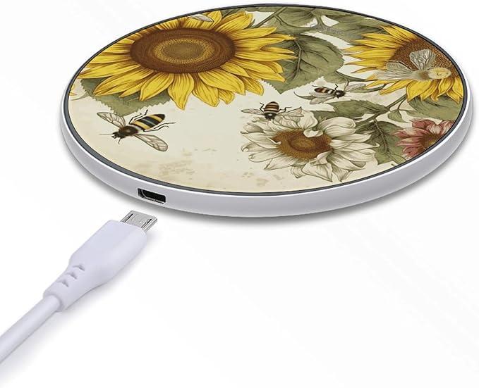 Bees Sunflowers Daisy Rose Flowers Wireless Charger Fast Wireless Charging Pad with USB Cable 10W Anti-Slip Magnetic Wireless Charger Portable Slim Charger Puck Travel Charging Station