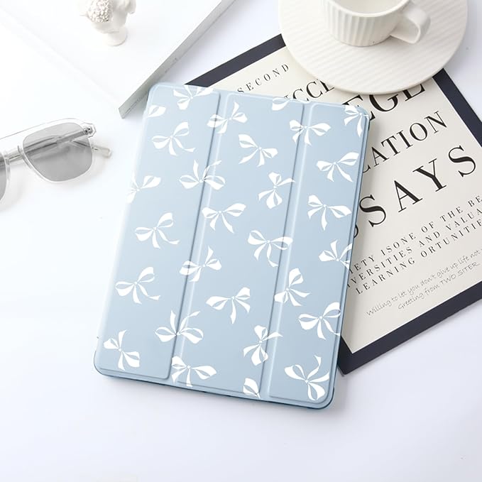 JOYLAND for iPad 10th Generation Case 10.9 inch 2022/iPad (A16) 11th Gen 11 Inch 2025 with Pencil Holder-Auto Wake/SleepCute White Bow Pattern Anti-Scratch Shockproof Premium Folio Stand CaseBlue