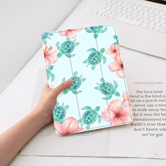 Blue Sea Turtle Case for iPad 5th/6th Generation (2017/2018) for iPad Air/Air 2 9.7 Hibiscus Flower Design Foldable Leather Protective Case Soft Back Cover with Pencil Holder