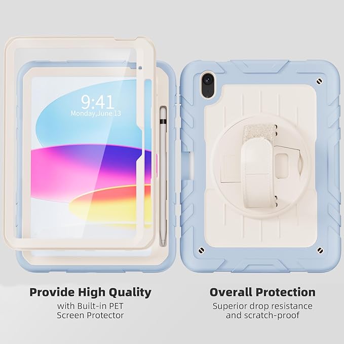 Case for iPad 10th Generation 10.9inch 2022with Built-in Screen Protector and KickstandHand StrapShoulder Strap for New Apple iPad 10.9 Inch(Blue/Beige)