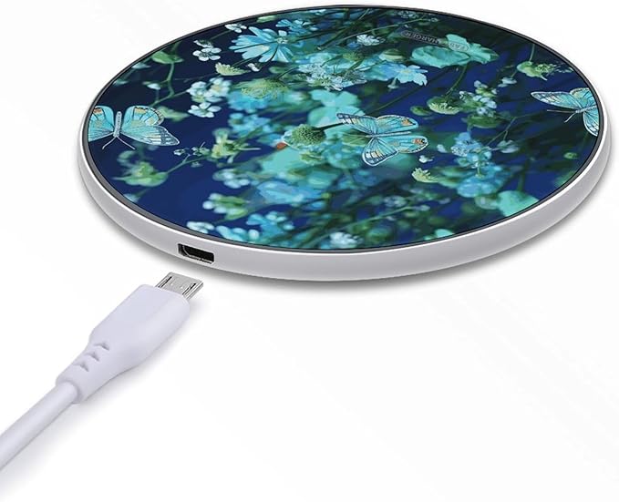 Green Butterfly and Blue Flowers Wireless Charger Fast Wireless Charging Pad with USB Cable 10W Anti-Slip Magnetic Wireless Charger Portable Slim Charger Puck Travel Charging Station