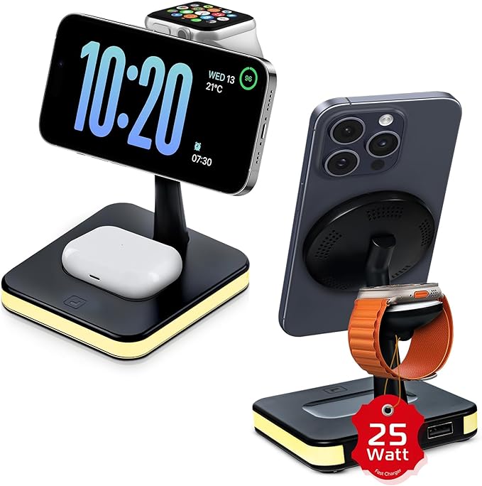 Spracht Flex Charge 4 4-in-1 Wireless Charging Stand | 25W Fast Charger Magnetic Connection -Works for Smartphone Watch Ear Buds Qi-Enabled Devices | Nightlight Magnetic Charging Stand (Black)