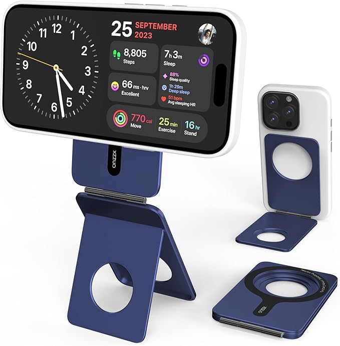 Cell Phone StandAdjustable Height and Angle Foldable Phone Holder for Desk Aluminum Cell Phone HolderStrong Magnetic Phone Stand Compatible with iPhone 16/15/14/13/12 Series (Navy Blue)