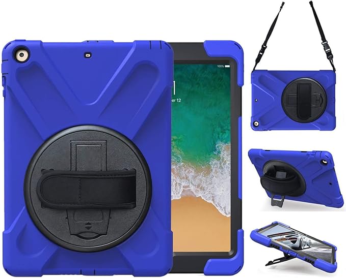 TSQ Case for iPad 5th/6th Generation 2017 2018 for Kids with 360 Rotating Stand+Hand Strap | Military Grade Heavy Duty Rugged Shockproof Case for iPad 9.7 Inch | Blue