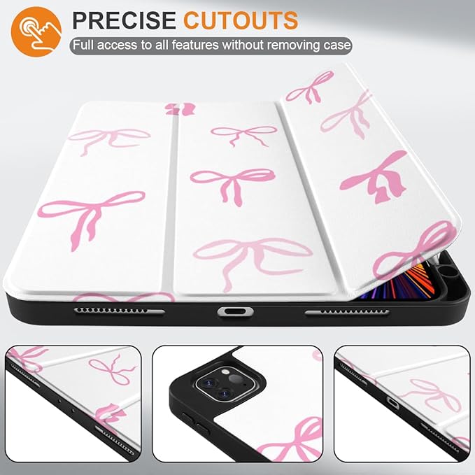 DONGKE Case for iPad Pro 12.9 inch 6th Generation 2022 Built-in Pencil Holder + Trifold Stand + Auto Wake/Sleep + Protective Cover for iPad Pro 12.9 5th/4th/3rd Gen - Pink Bows