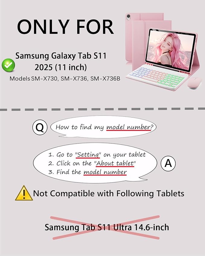 Keyboard Case for Samsung Galaxy Tab S11-11 inch 2025 Cover (SM-X730 SM-X736 SM-X736B)- 7 Color Rainbow Change Backlit Detachable Magnetic Keyboard with S Pen Holder with Mouse - Pink