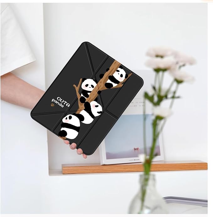 Cute Kawaii Panda for iPad Pro 11 Inch Case 4th/3rd/2nd Generation 2022/2021/2020 with Pencil Holder Auto Sleep/Wake Black Leather Acrylic Back Detachable Cover