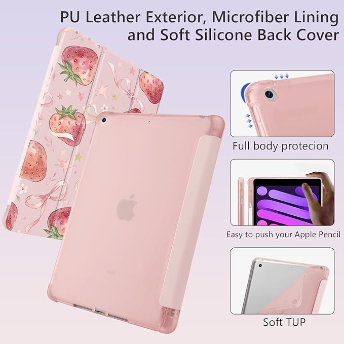 Cute Strawberry Ribbon Bow for iPad Pro 13 Inch Case (M5/M4) 2025/2024 with Pencil Holder Auto Sleep/Wake Pink Leather Soft TPU Back Cover