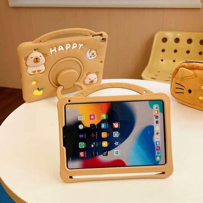 3D Cute Press Capybara Case for iPad 10th Generation (2022) 10.9 inch/iPad (A16) 11th 2025 11”Kawaii Cartoon Character Capybara Soft Silicone Rotating Stand Case with Lanyard for Kids Girls Women